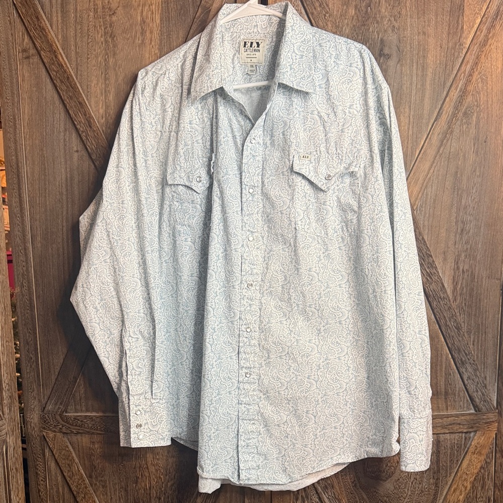 Ely Cattleman Men's Pale Blue Paisley pearl Button-Down Western Shirt